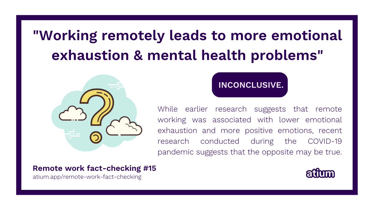 Remote work fact-checking Day 15 - 'Working remotely leads to more emotional exhaustion &amp; mental health problems' ⚠️

Want to find out how we reached our conclusions? Read the full report here: buff.ly/2S8yPIc

See all facts in one thread 🧵! buff.ly/3bFDOXL