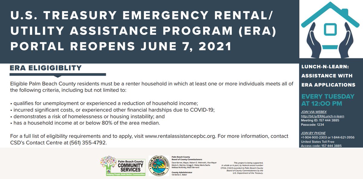 PBCYSD's tweet photo. #ICYMI: @pbccsd's Emergency Rental/Utility Assistance Program (ERA) portal has reopened.

For a full list of eligibility requirements &amp; to apply, visit https://t.co/zqblKuJcg0.

For assistance with the application, attend a Lunch-N-Learn held virtually Tuesdays at 12:00 pm. https://t.co/umeBzbngXT