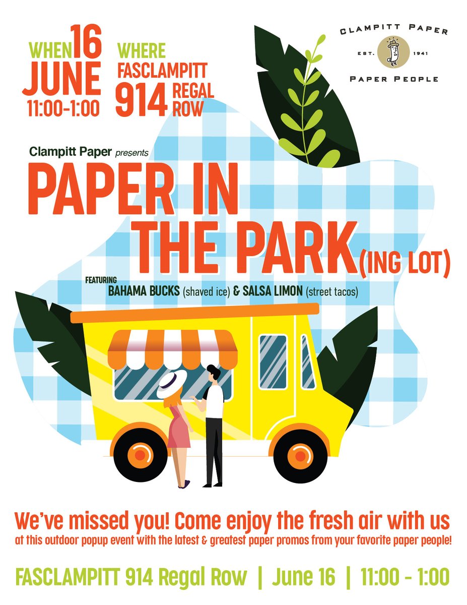 Clampitt Paper (@barneyfiber) on Twitter photo Come enjoy the sunshine and fresh air with us next Wednesday, June 16th, for Paper in the Park(ing Lot). We'll be showcasing the latest and greatest in paper samples and wide format equipment! Please make sure to email your RSVP to rsvp@clampitt.com - we can't wait to see you!! Come enjoy the sunshine and fresh air with us next Wednesday, June 16th, for Paper in the Park(ing Lot). We'll be showcasing the latest and greatest in paper samples and wide format equipment! Please make sure to email your RSVP to rsvp@clampitt.com - we can't wait to see you!!