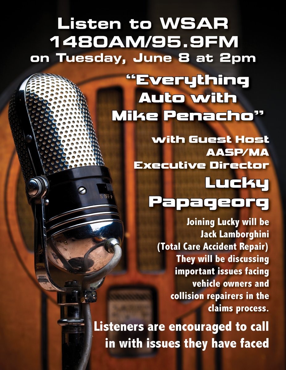 AASP_MA's tweet photo. TUNE IN TO @WSAR1480  TOMORROW! 2PM #collisionrepair #collisionrepairers https://t.co/zywv80WXCV