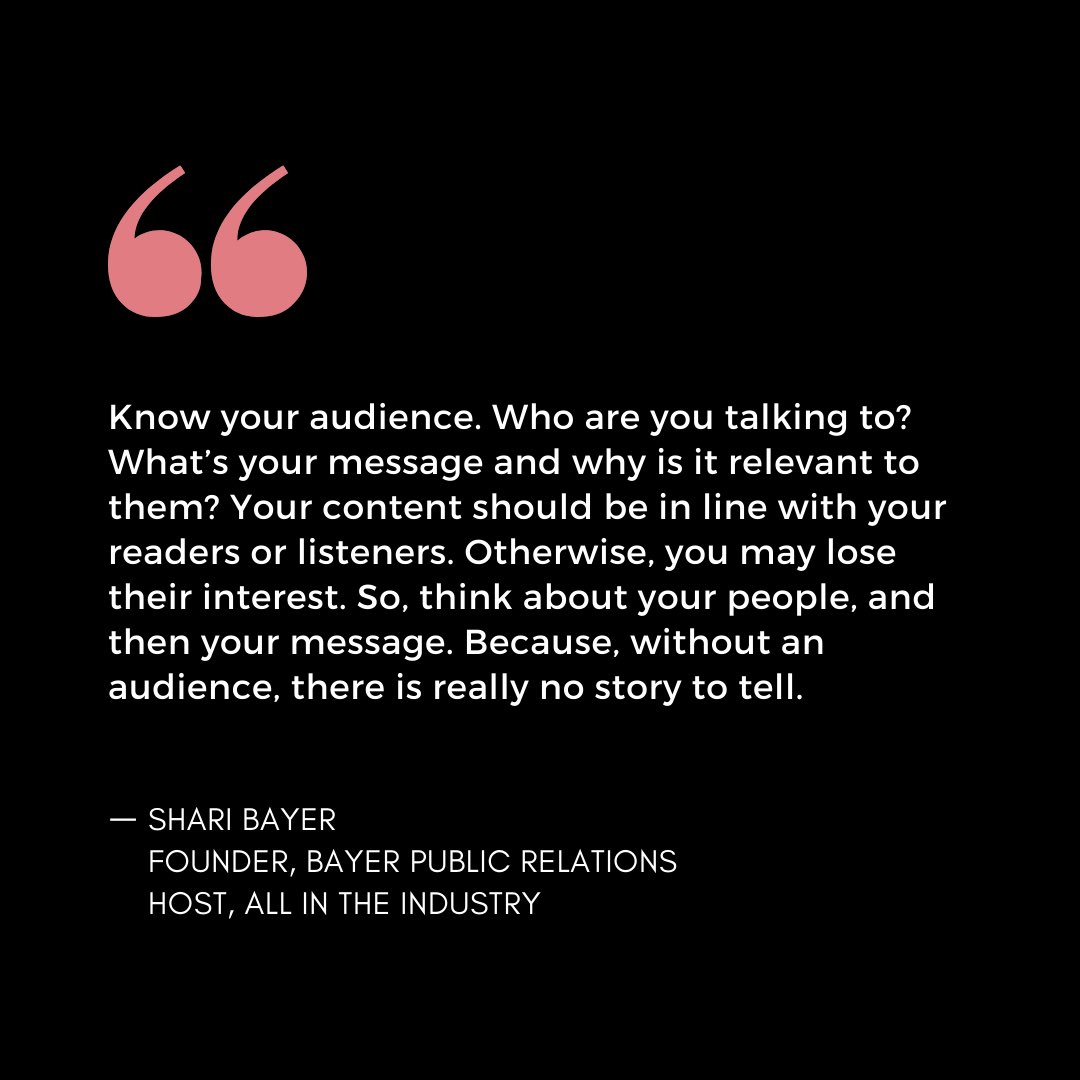 bayerpr's tweet photo. Our founder @sharibayer tips off every @allindustry podcast with a PR tip. On Episode 215, Shari’s tip focuses on knowing your audience. Find all episodes @heritage_radio. #allintheindustry #allindustry #podcast #ep215 #PRTip #bayerpr #knowyouraudience #motivationmonday https://t.co/lyctuqKBAf