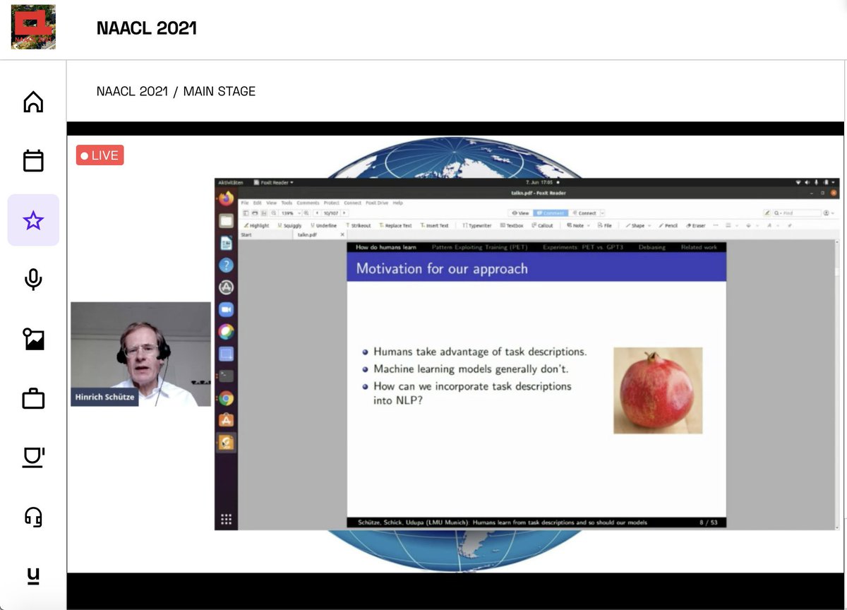underlineio's tweet photo. Happening NOW on our Main Stage at @NAACLHLT — Hinrich Schütze is delivering a keynote presentation, “Humans Learn From Task Descriptions and So Should Our Models.”
#underlinescience #virtualevents #NAACL2021 https://t.co/j52K98NFNC