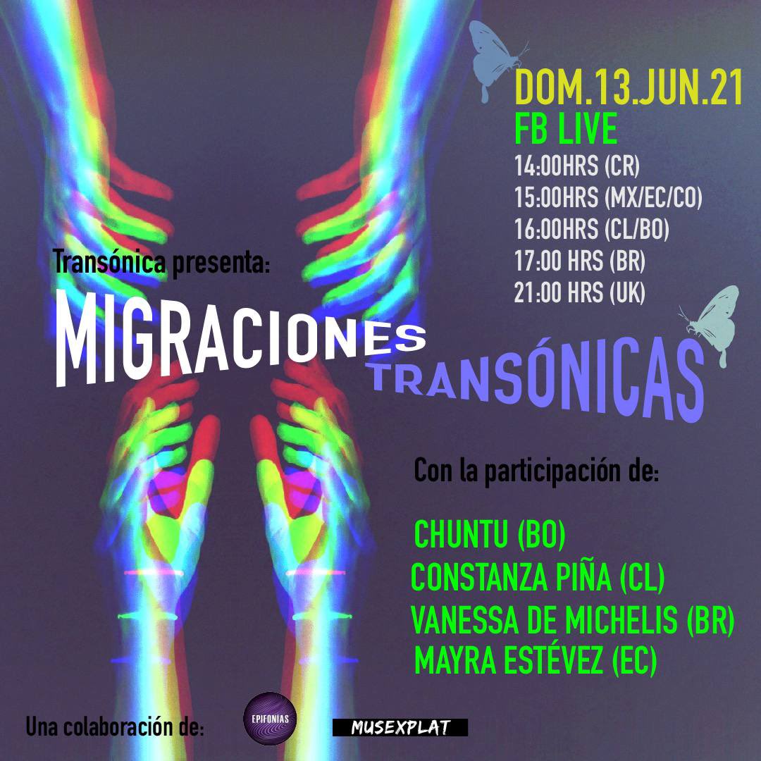 musexplat's tweet photo. Nos vemos este domingo 13 de junio a las 15hs en nuestro quinto episodio de Transónica. Conversaremos de Migraciones Transónicas junto a @simonchuntu, @vdemichelis, Constanza Piña y Mayra Estévez. Una colaboración de Epifonías Delirantes y Musexplat. 🌈🖤🔊 https://t.co/t1aAvOyyJf