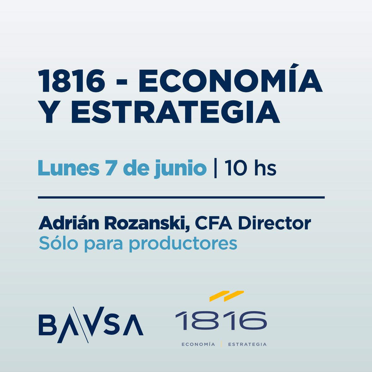 BAVSA's tweet photo. Hoy tuvimos #CallConference junto @1816_estrategia
Gracias Adrián Rozanski por acompañar a nuestros productores con información actualizada y su análisis económico.
#Lunes en @BAVSA 💪 https://t.co/uXkG1IDSDk