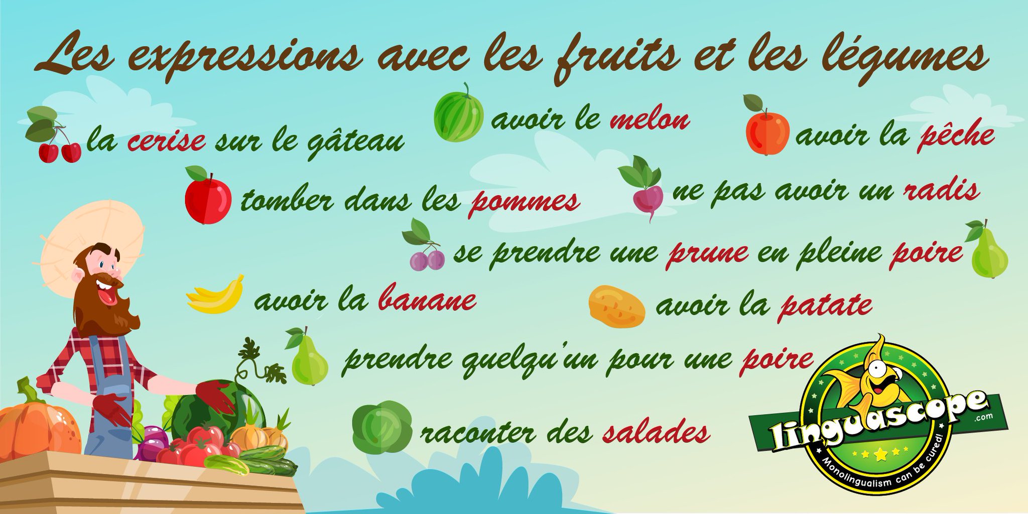 Linguascope on Twitter "Les expressions françaises avec les fruits et légumes 🍑🍒🍌🥔🥕🥬🍐🍏🍈 Vous
