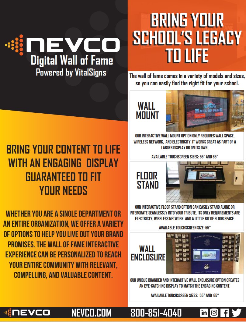 NevcoSports's tweet photo. If you are at the @OfficialTHSADA  show this week be sure to check out the unveiling of Nevco's new Digital Wall of Fame powered by @WallOfFameVS ! We are so excited to help your legacy live on! https://t.co/hob5uS2FpT