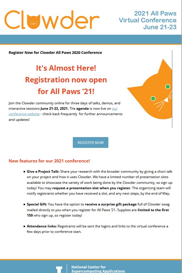 ClowderFramewrk's tweet photo. Register Now for the 2021 Clowder All Paws Conference!
Check out the agenda for what's going on!
https://t.co/MDxLilTcjm

Register here: https://t.co/tPHpMqiZzZ
@NCSAatIllinois @NSF @Illinois_Alma #opensource #OpenScience #OpenData @PEcAnProject @BU_Tweets https://t.co/sN4qh3f4SS