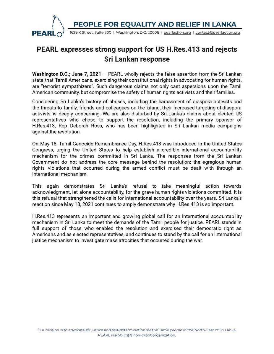 PEARL_Action's tweet photo. #STATEMENT: PEARL wholly rejects the false assertion from the Sri Lankan state that Tamil Americans, exercising their constitutional rights in advocating for human rights, are “terrorist sympathizers”. #SriLanka #Tamil #TamilNews #Lka #SriLankaNews #HRes413 https://t.co/iK1VdCTO09