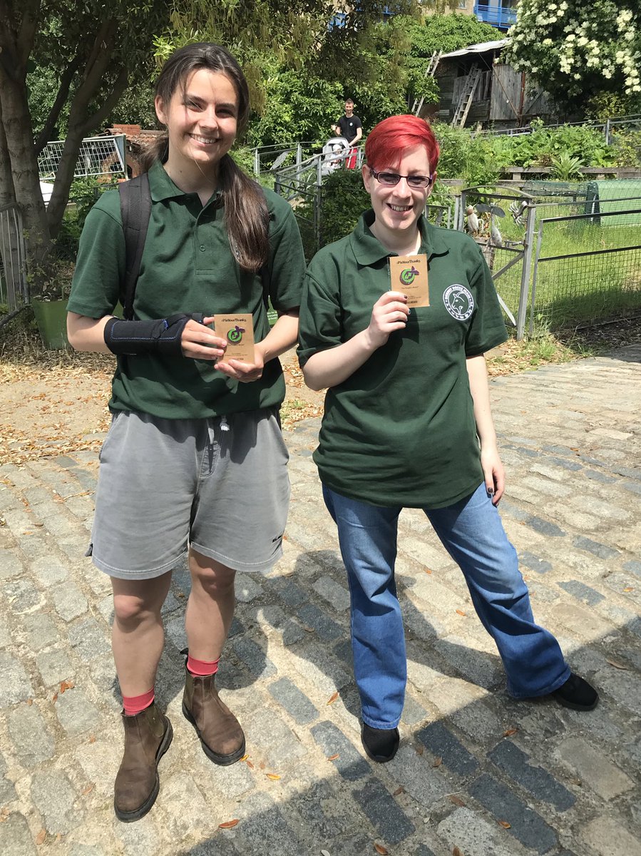 surreydocksfarm's tweet photo. Here are two of our livestock volunteers proudly showing their #PinYourThanks volunteer badges from #TourDeThanks @volunteering_uk team! Our 77 incredible volunteers attend on a weekly basis helping across all areas of the Farm. Without them we simply wouldn’t exist, THANK YOU! https://t.co/by3yV30QG1