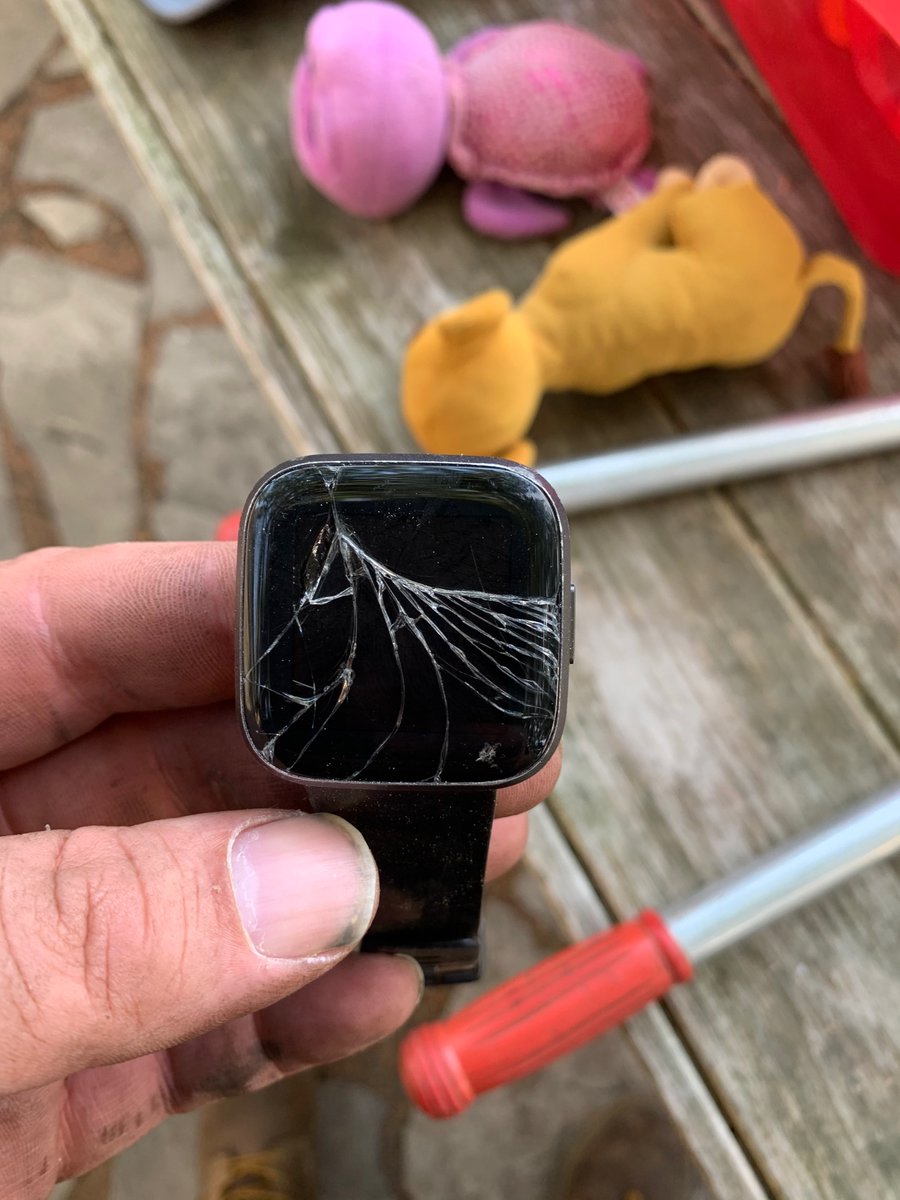 topherstott's tweet photo. Grateful to my @fitbit for saving me from a guaranteed broken wrist today while limbing a tree this weekend!  The amazing thing is that it is still working other than the screen!  Pretty amazing! https://t.co/mieDmZOIEc