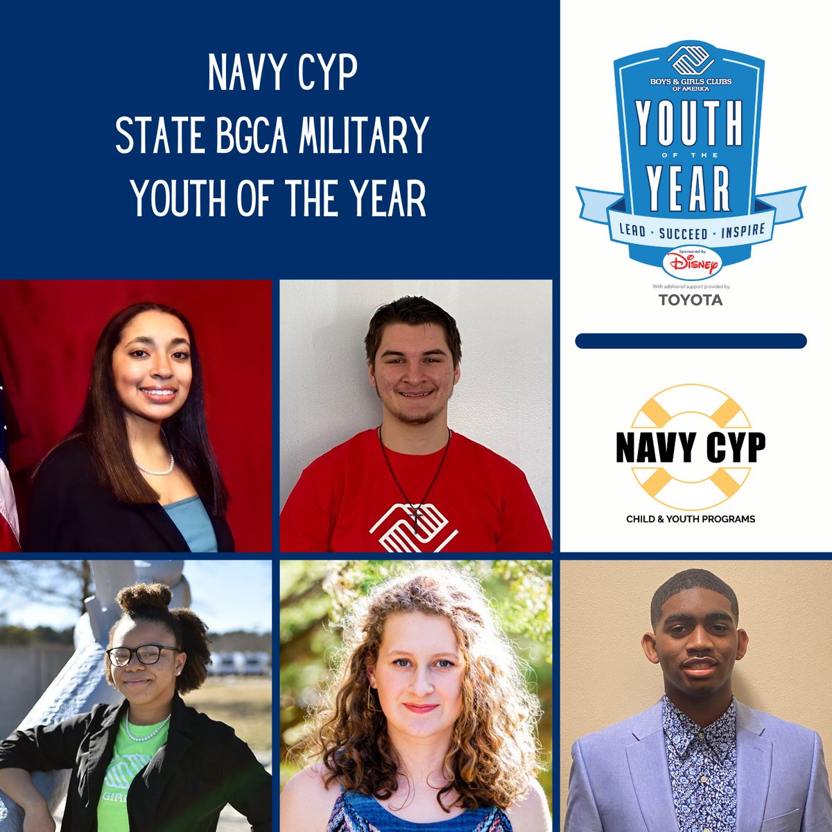 Congrats to Landon Huffstickler, @SUBASE_NLON Jeremiah Hopkins, @NASJRBNOLA; Faith Ettlich, #PortsmouthNavalShipyard; Kymia Kendrick, @NSA_MidSouth; Sareyah Rivers, @nas_oceana Each won $2500 in scholarships and will compete in their region for another $20k @NavyCYP #MYOY2021