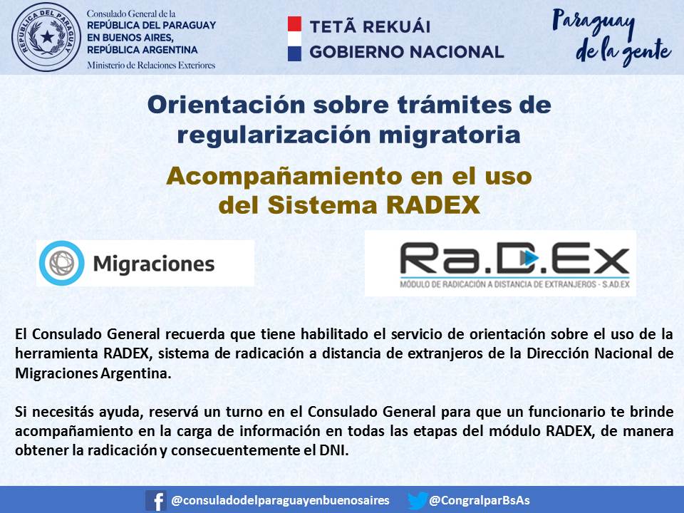 CongralparBsAs's tweet photo. INFO | SERVICIO DE ORIENTACIÓN EN TRÁMITES MIGRATORIOS
El Consulado General recuerda que tiene habilitado el servicio de orientación sobre el uso del #RADEX, sistema de radicación a distancia habilitado por @Migraciones_AR .
1/2 https://t.co/OOxC5ceT56
