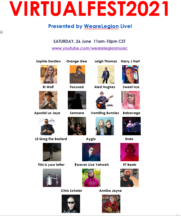 music_legion's tweet image. Day 1 of VirtualFest has just been announced! Make sure you tune in and catch this great line-up! @3mindB @mscharleyyoung @trysette @StaceyBuzzActor @ITHERETWEETER1 @BlackettMusic @_lgtwo @MusicMarketingA @LeighThomasAU @SamsaraNYC @SophieDorsten @Orange_Geee @NuAntibodywave