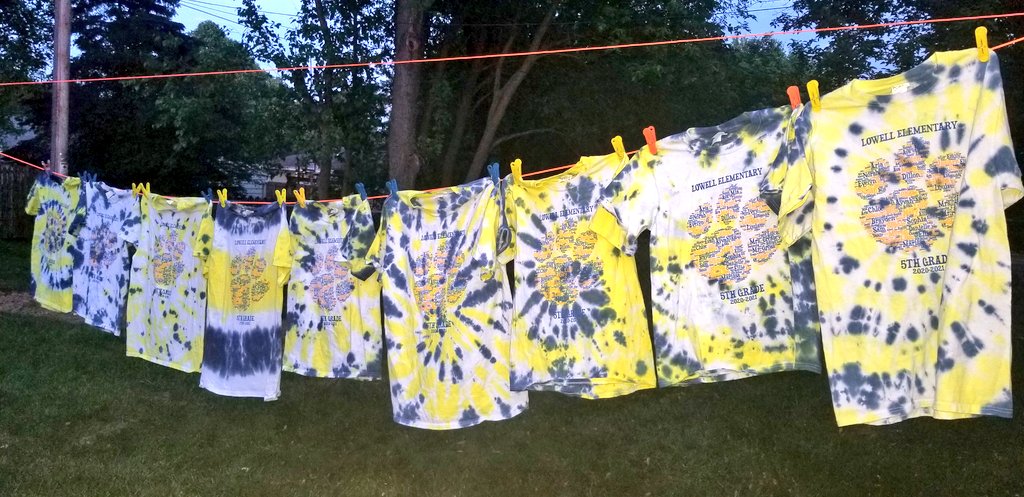KellyNimmer's tweet photo. The 5th Grade Tie Dye Shirts turned out great! I love how every one is different. #TeamLowell @macreasey https://t.co/IvKK27HM7P