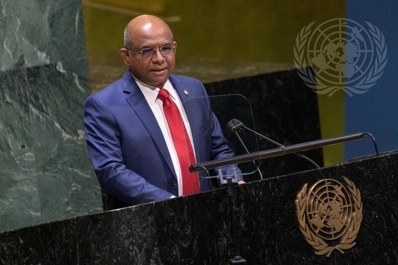 MoFAmv's tweet photo. Minister of Foreign Affairs Abdulla Shahid wins the election for the Presidency of the 76th session of the @UN General Assembly. 
 
Minister Shahid won the election with 143 of the total votes cast. 

#PresidencyOfHope #UNGA76 https://t.co/5d7fnda8oh