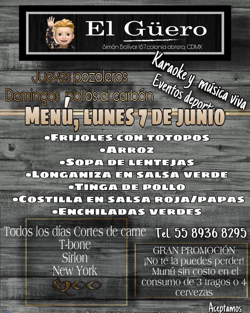 GueroBar's tweet photo. HA LLEGADO LA HORA DE LA COMIDA,QUE ESPERAS!!!😋
JUEVES POZOLERO 🤤

Grandes promociones solo para ti llámanos a los números...
☎️ 5589368294
☎️ 5589368275

♦️ 3 tragos o 4 cervezas y el menú es sin costo !!!!😋
♦️ Micheladas 🍻
♦️Cortes de carne 🥩
♦️variedad en coctelería 🥃 https://t.co/fr3FaYMyZc
