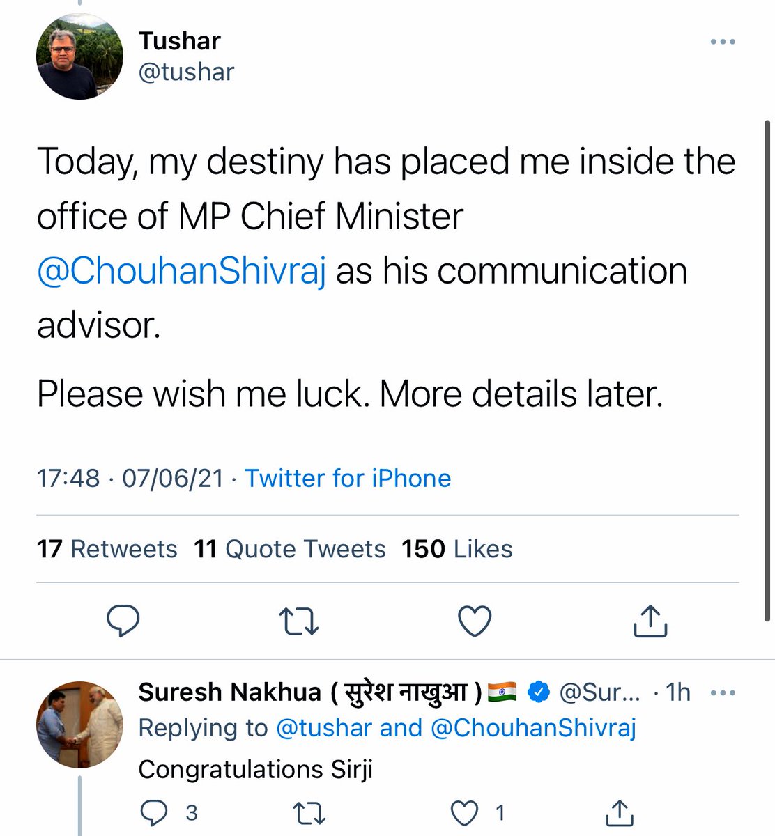 AapGhumaKeLeL0's tweet photo. Meet @tushar.... Rabid Modi hater... Pulwama’s Adil Dar style Gaumutra jibe liberal.
Now @ChouhanShivraj ji’s media advisor! Please wish him luck guys. 🙏
Har shaakh pe ullu & all that jazz... 👏👌 https://t.co/ZzMCKMDhwN