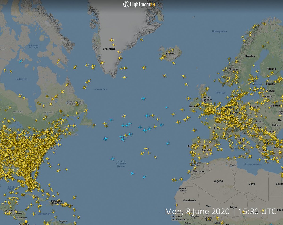 Flights over the Atlantic Ocean, Monday, 8 June 2020 at 15:30 UTC.