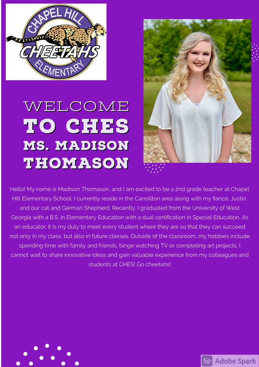 Welcome to CHES Ms. Thomason!  Ms. Thomason will serve as a new 2nd Grade Teacher at CHES!🤩🐾