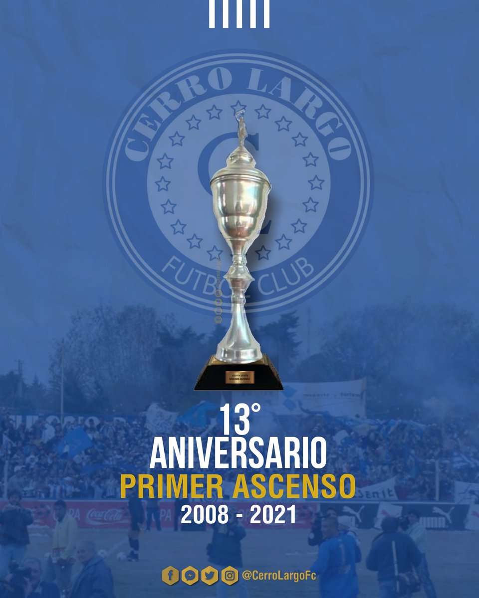 CerroLargoFc's tweet photo. 👊🏼🥁

Hoy se cumplen 13 años de nuestro primer ascenso a la máxima categoría del Futbol Uruguayo.

Se consiguio en doble partido frente a Cerrito y luego de haber disputado 5 años en la @SegundaAUF 

¿Lo recordas?
¿Cómo lo viviste?
Contanos!!

#CerroLargoEsDeLaGente https://t.co/jOTIPIw4Tu
