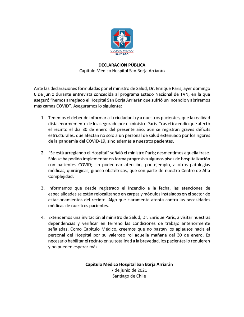ColMedSantiago's tweet photo. [DECLARACIÓN PÚBLICA] 📣 El #CapítuloMédico del Hospital San Borja Arriarán (@hcsba) se pronuncia sobre las declaraciones del ministro de Salud @DrEnriqueParis en #EstadoNacional de @TVN quien se refirió al estado del hospital luego del lamentable incendio que vivieron el 30/01. https://t.co/Rl9RkOy8Oz