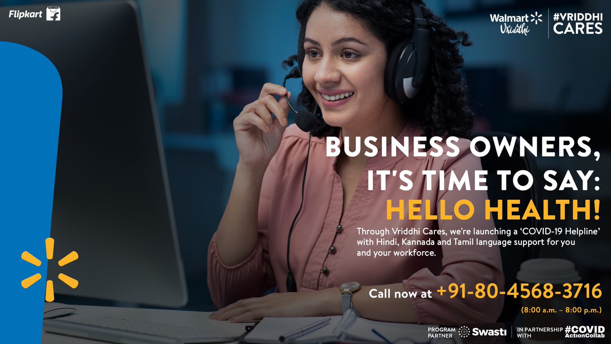 FlipkartStories's tweet photo. #WalmartVriddhi launches a #COVID19 Helpline that acts as a first port of call when unwell. Get medical attention through nurses and doctors, the latest guidelines on vaccination, home caregiving information, and daily check-ins to monitor symptoms. 
Call: +91-80-4568-3716 https://t.co/IZza2C1XZU