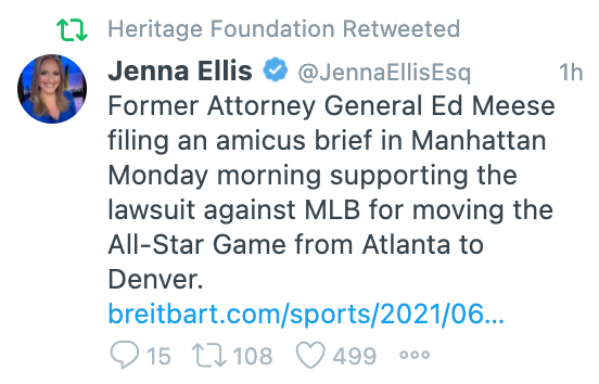 The next time someone tries to tell you that Trump was an anomaly, here's the Heritage Foundation RTing one of the dead-end Trump lawyers about a Breitbart article detailing how Reagan's 2nd term AG is fighting against Georgia facing consequences for its recent voting law.