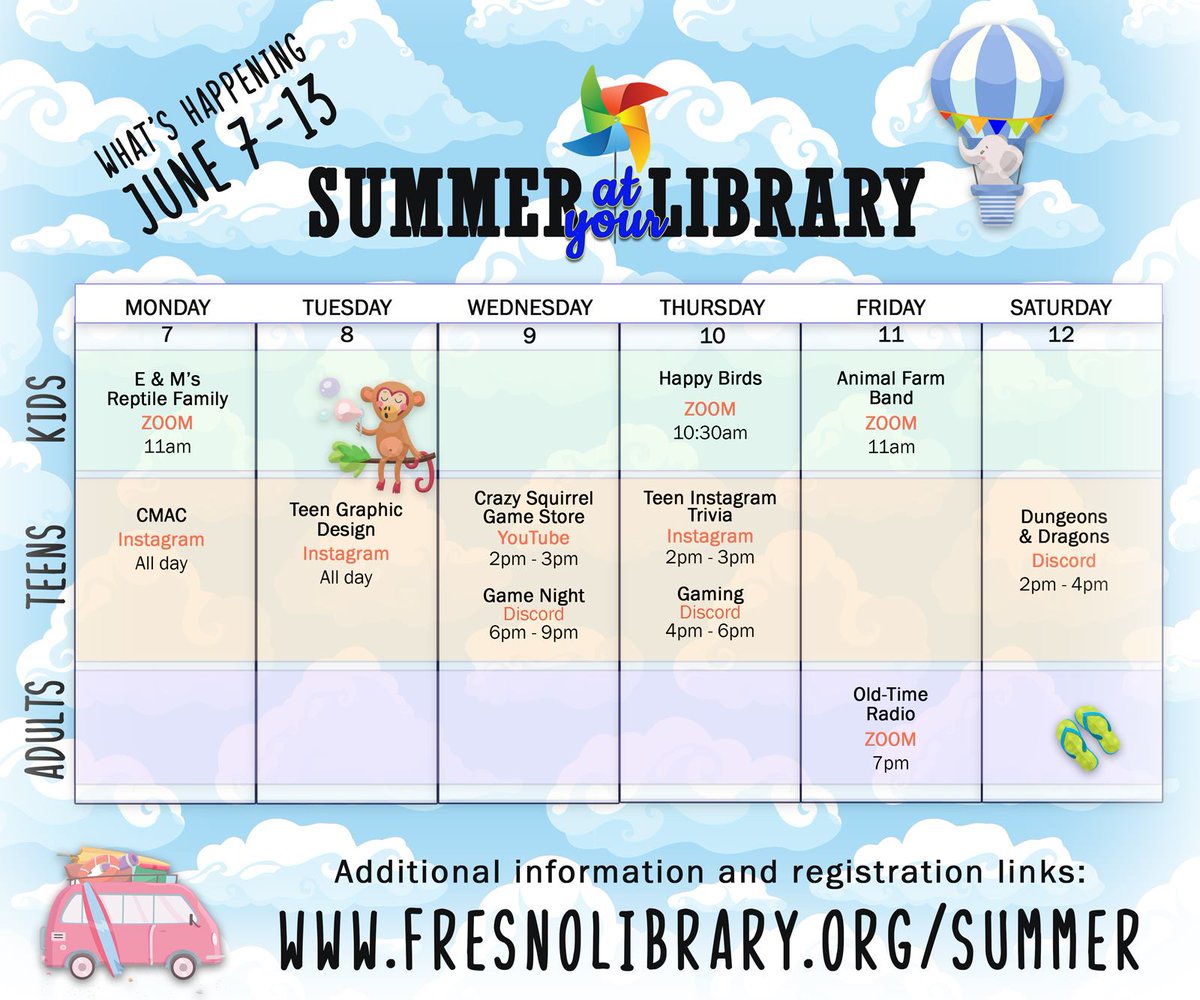 FCPL's tweet photo. Summer at your Library has begun!
Check out our fun, free online activities for all ages at https://t.co/flZfxaNByC
#fresnolibrary #summerfun #SummerReadingChallenge https://t.co/I47ZkPfHAC