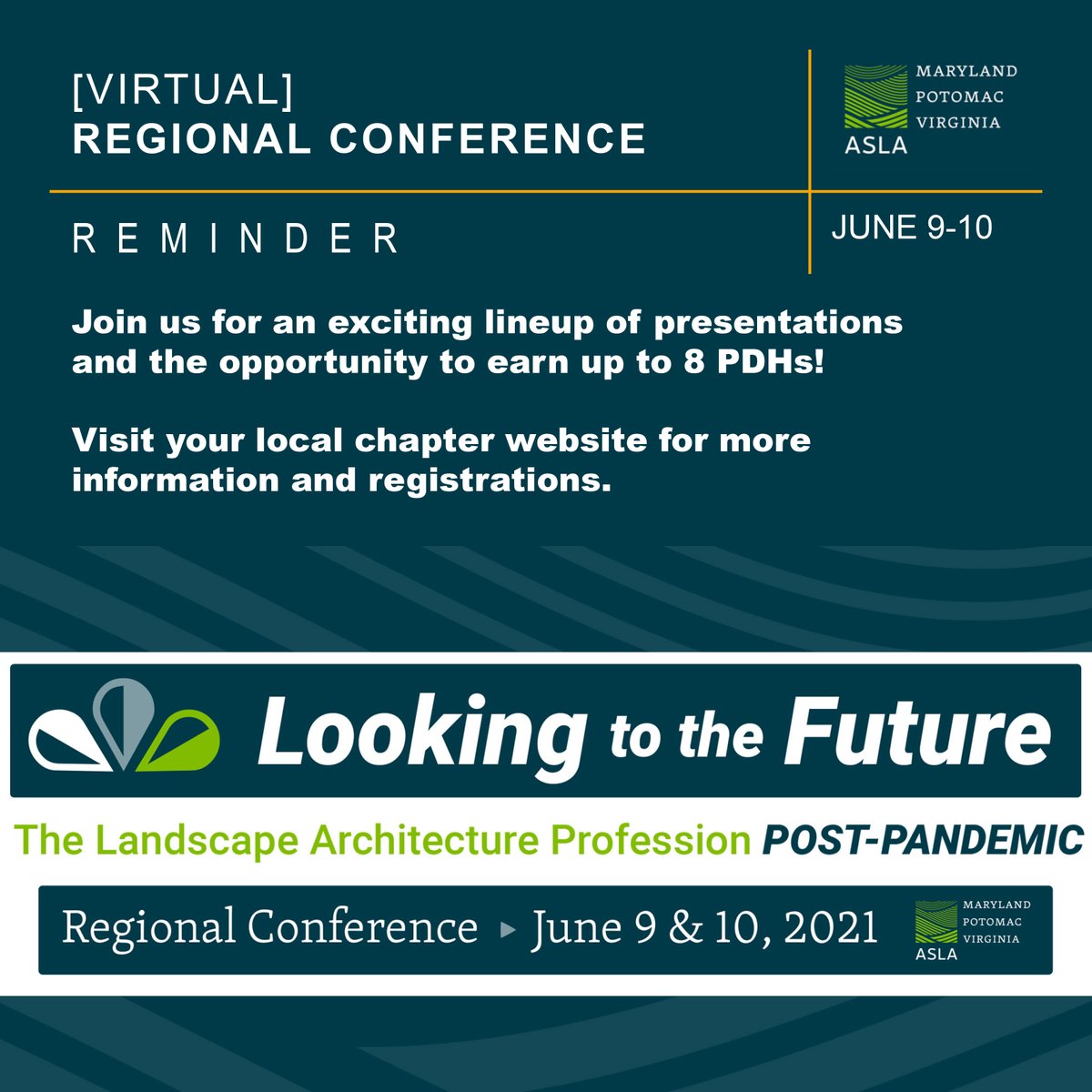 Join us on June 9th-10th for the 2021 ASLA Regional Conference!

Looking to the Future: The Landscape Architecture Profession Post Pandemic (8.0 PDH approved. 7.0 HSW).

Learn more and register here:
joinvirtualevent.com/aslaregional