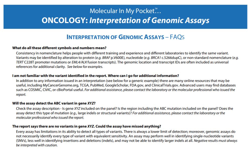 #MedGeneEd21 Monday: don’t miss AMP’s FREE Molecular in my Pocket reference card: Interpretation of Genomic Assays: ow.ly/Aox350EJkqb #molpath #pathtwitter #genomics