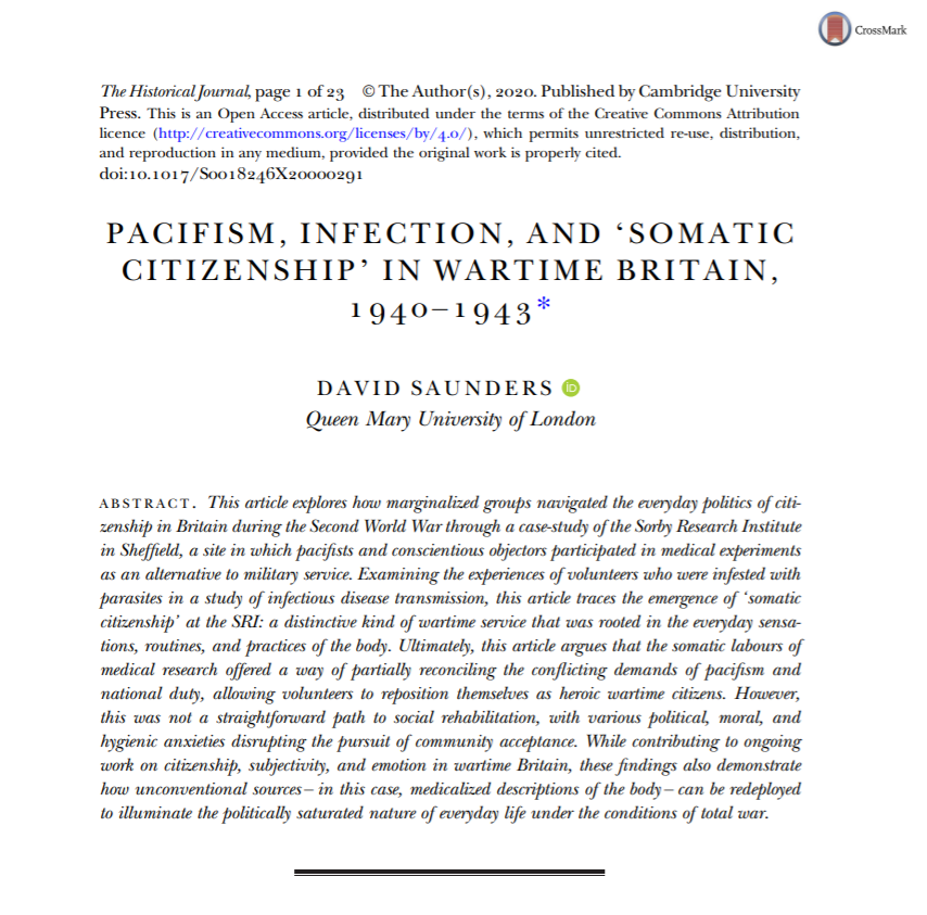 HistoricalJnl's tweet photo. From our latest issue! 📘

David Saunders (@davidjjsaunders) on 'Pacifism, Infection, and "Somatic Citizenship" in Wartime Britain, 1940-1943'

#Infection #HistMed #Citizenship #WW2 #Britain #Pacifism 🦠

📖Read open access here: https://t.co/hVWzOfCnty https://t.co/VkGF5PBv6g
