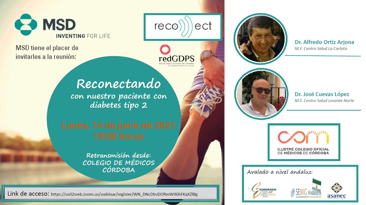 colmedcordoba's tweet photo. ¿Conoces el 'Proyecto Reconnect' de MSD que ayuda a conectar a los pacientes con #diabetes en la nueva normalidad?

🗓️14 junio ⏰19.00 h 📲 Plataforma ZOOM

➡️Enlace a la inscripción: https://t.co/uTidGEsup4

#reconectaDM2
@SEMERGENAndaluz
@semgandalucia
@asanec
@msd_es https://t.co/jkf4G8eHQ8