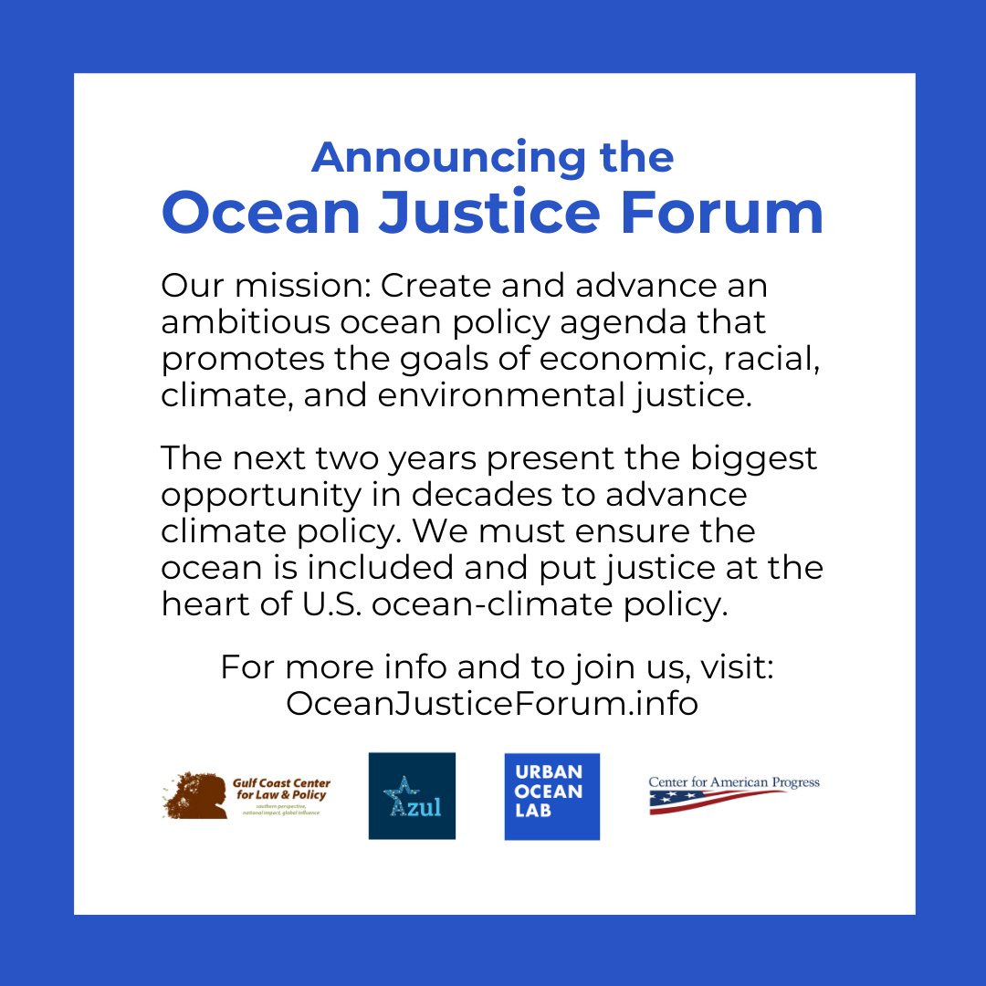 Announcing the Ocean Justice Forum.

We are teaming up to create and advance an ambitious ocean policy agenda that promotes the goals of economic, racial, climate, and environmental justice.

To join us: oceanjusticeforum.info

#OceanJustice #OceanClimateAction #WorldOceanDay