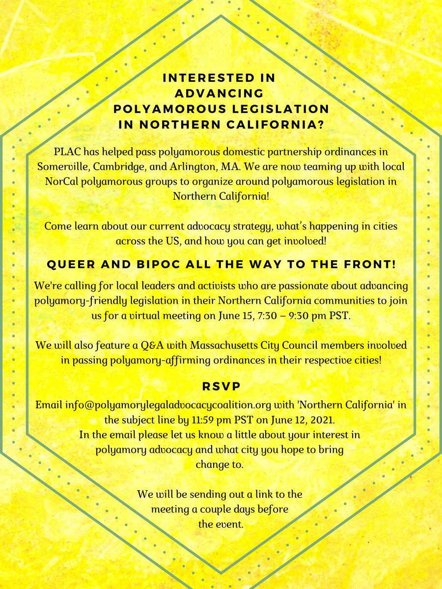 We're calling for local leaders and activists who are passionate about advancing polyamory-friendly legislation in their Northern California communities to join us for a virtual meeting June 15, 7:30 – 9:30 pm PST.

#Polyamory #Advocacy