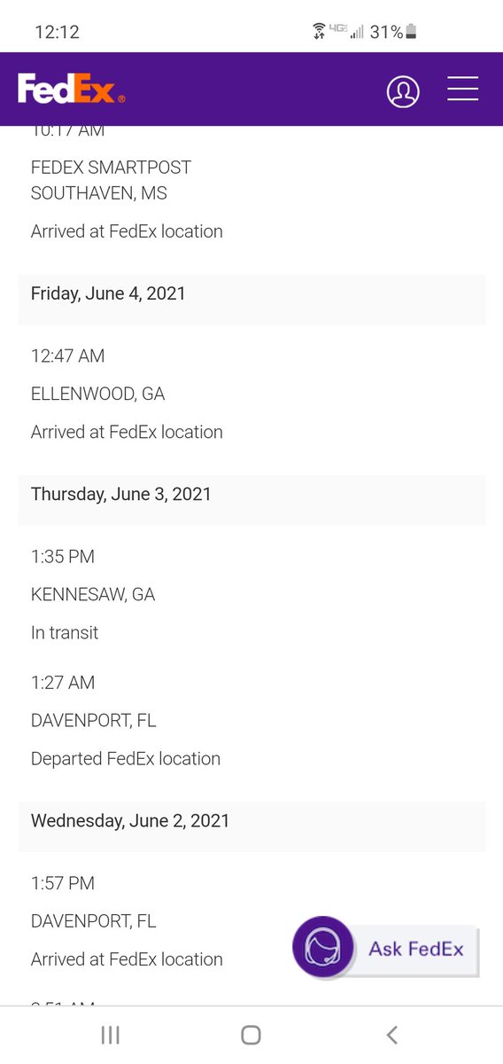 Howe2106's tweet image. Ok, I know deliveries are delayed but I thought there might be a more direct way from Florida to East TN. @FedEx #notacovidproblem #logisticsproblem