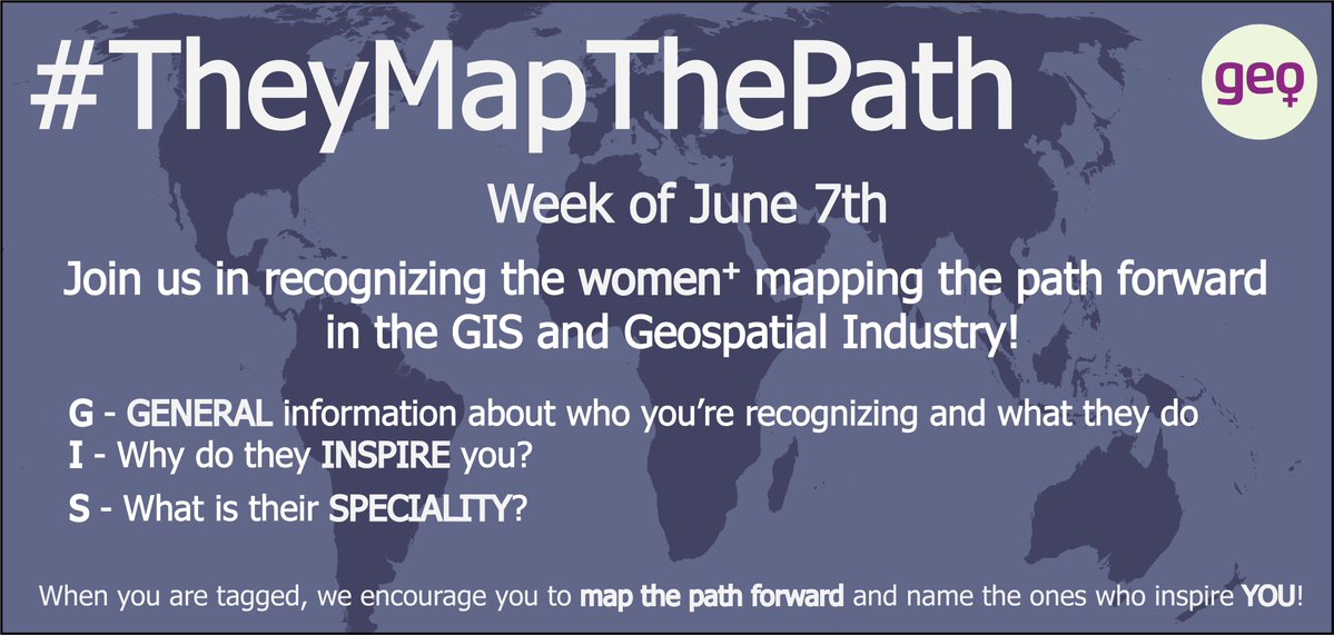 Women+ in Geospatial (@geospatialwomen) on Twitter photo 📡ROLL CALL TIME, Womenᐩ in #GIS! #TheyMapThePath LAUNCHES TODAY! 
Who inspires you? Know a mentor or trailblazer in your community? Join us & share your appreciation posts this week!
Time to create ripples of gratitude & empowerment together!✊🏽 #RepresentationMatters  #GISchat 📡ROLL CALL TIME, Womenᐩ in #GIS! #TheyMapThePath LAUNCHES TODAY! 
Who inspires you? Know a mentor or trailblazer in your community? Join us & share your appreciation posts this week!
Time to create ripples of gratitude & empowerment together!✊🏽 #RepresentationMatters  #GISchat