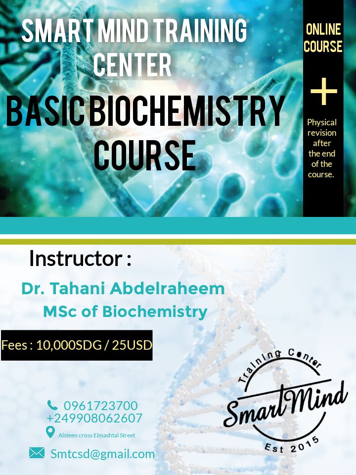 sdSMTC's tweet photo. يعلن مركز سمارت مايند للتدريب عن فتح باب التسجيل ل كورس
" Basic Biochemistry "

- Online course + physical revision at the end of the course 

-Course content:

•Basic biochemistry
•Proteins and Amino acid
•Enzymes
•Lipids 
•Vitamins
•Menirals
•Carbohydrates https://t.co/DqiDsre4ub