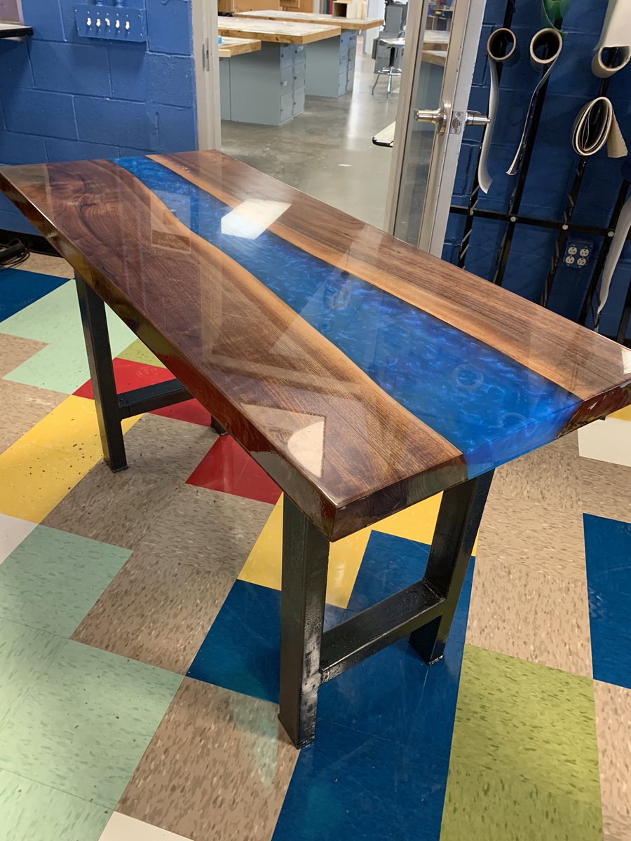 Robert Thompson’s epoxy river table! Tons of works and preparation but he did amazing! From flattening the material, to the epoxy pour (4.5 gallons), to cutting and welding the legs together, he did it all! <a href="/WiseBondEpoxy/">WiseBond® Epoxy</a>