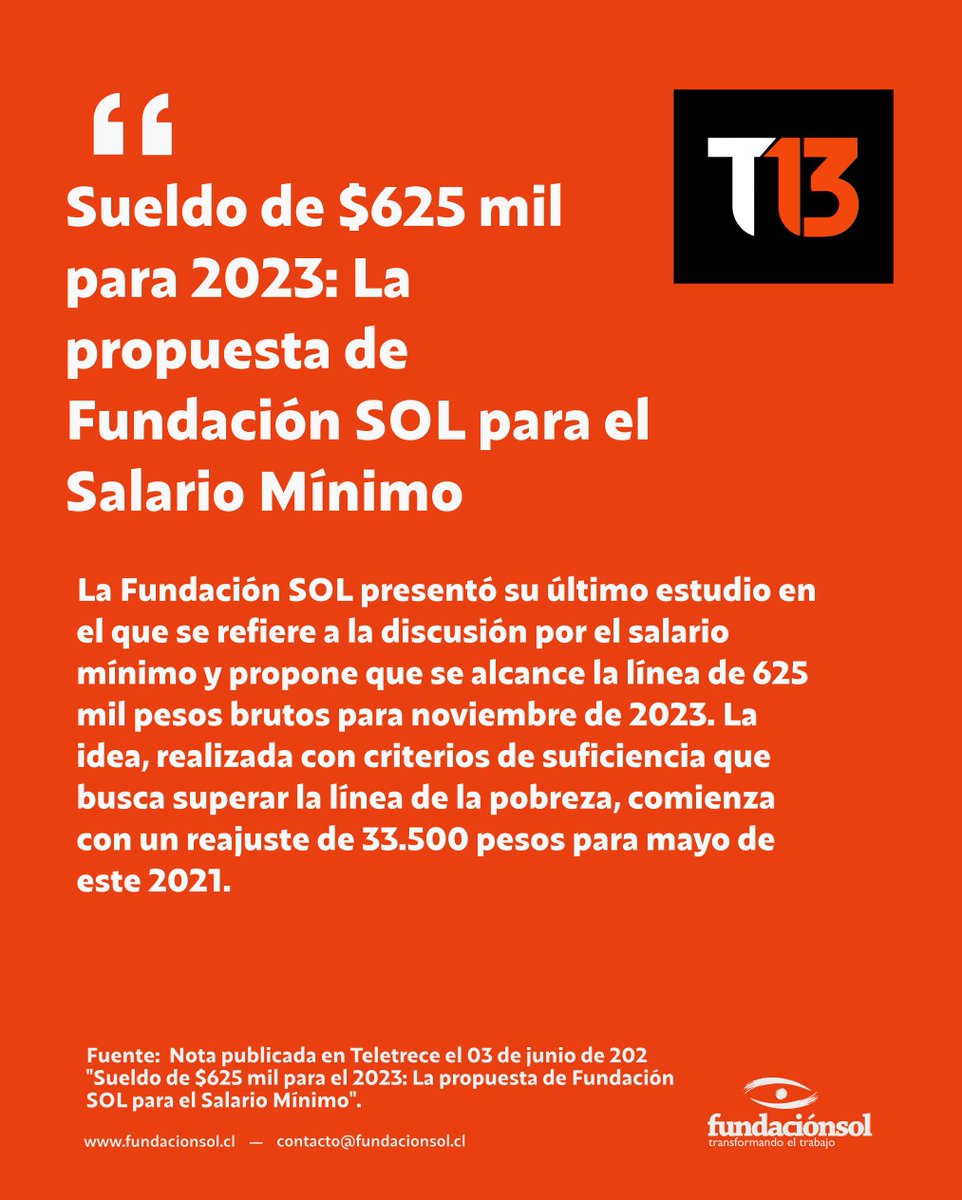Fundación SOL en T13- La propuesta de reajuste pluri – semestral del Salario Mínimo tiene como objetivo alcanzar los $625 mil para el 2023, considerando subsidios a las micro y pequeñas empresas. El primer reajuste sería de $33.500. Lee la nota en: t13.cl/noticia/nacion…