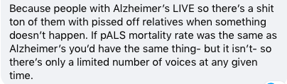 NicholasFlorko's tweet photo. The decision on aducanumab is already enraging ALS advocates, who are wondering "why them and not us." They've been calling for FDA approval of a number of experimental drugs that have shaky evidence bc of the severity of their disease. Names redacted from a FB group I'm in. https://t.co/K9fuz91iBk