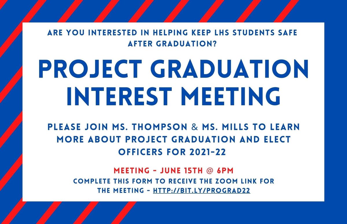 Class of 2022 parents - we need your help in a variety of ways with Project Graduation! From officer positions to general support, join us on June 15th at 6 PM to learn more. Complete this form to receive the zoom link: bit.ly/PROGRAD22