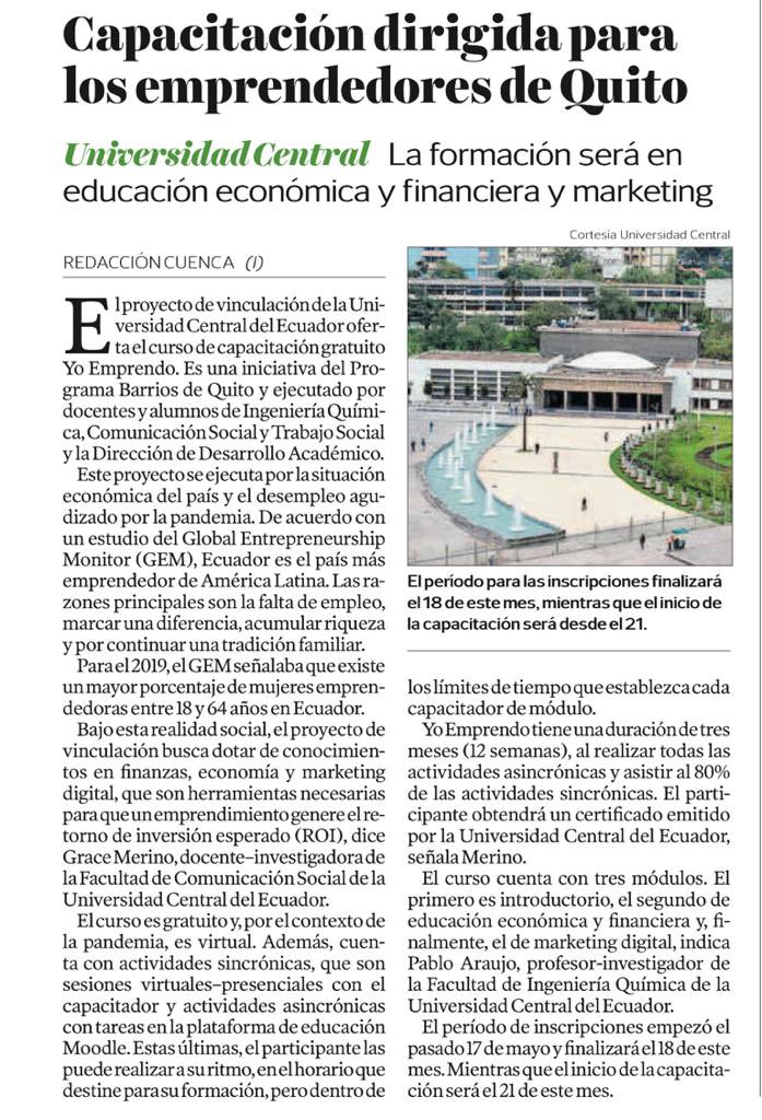 La #UniversidadCentral en la prensa: "Capacitación dirigida a los emprendedores de Quito” <a href="/RevistaLideres/">Revista LÍDERES</a>