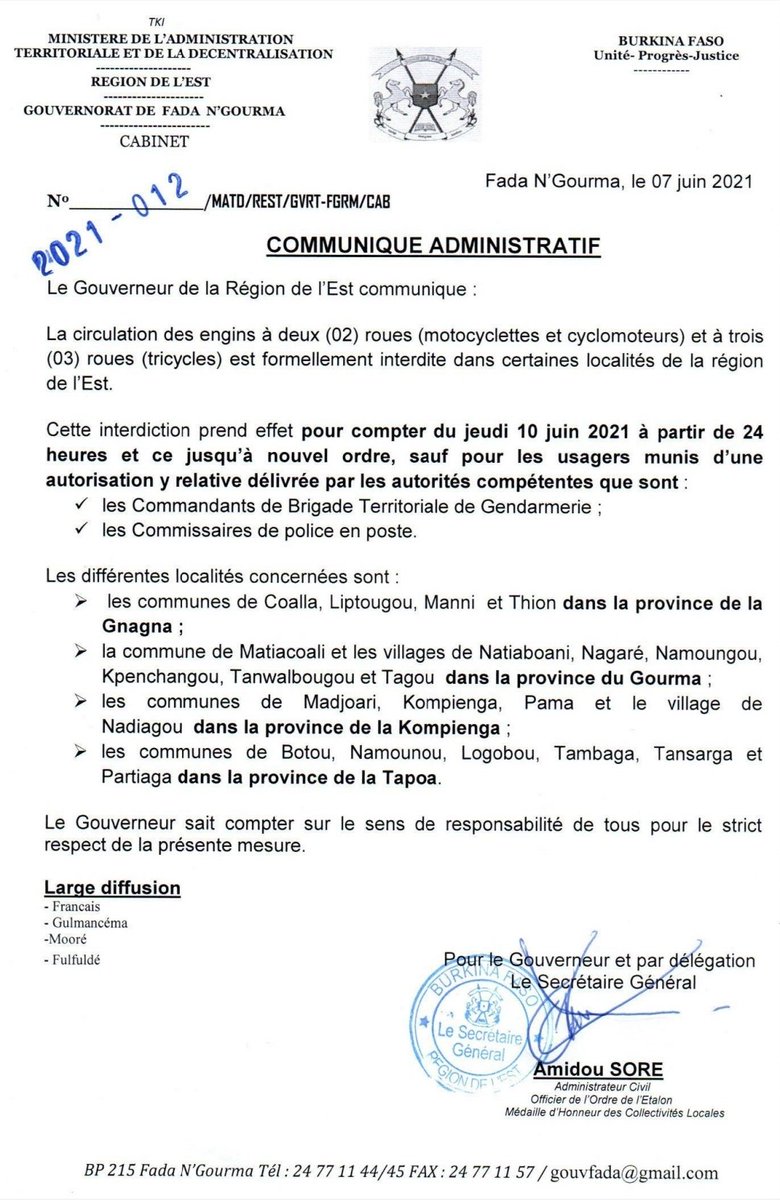 Sahel_Security's tweet photo. #Burkina : la region de l'#Est emboite le pas du Sahel. Le #Gouverneur interdit la circulation des engins à deux/trois roues...... https://t.co/L6n0uw3Obq