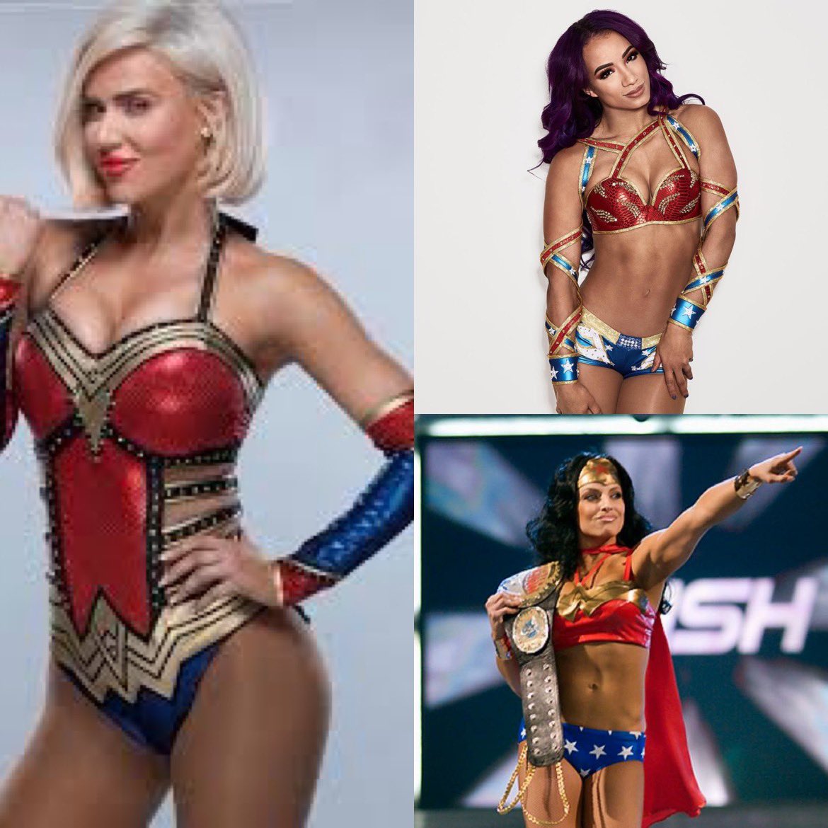 RT @SayTheirNamez: 1. Lana
2. Trish stratus
3. Sasha Banks

#WWE’s best Wonder Woman outfit https://t.co/wpMlYyYkth