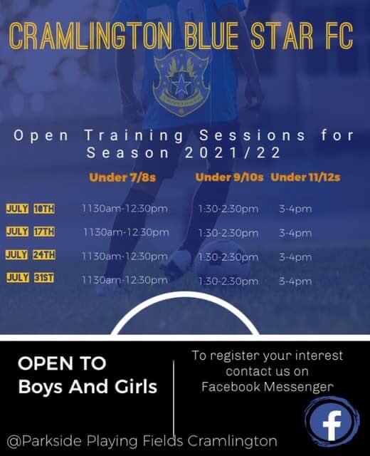 crambluestarfc's tweet photo. ⭐️JUNIORS⭐️

⚽️ OPEN TRAINING SESSIONS ⚽️

These sessions will begin on Saturday 10th July at Parkside Playing Fields. 

Get in touch to register, we look forward to hearing from you 😀

⭐️🔵⭐️⚫️⭐️ https://t.co/lyUAifGVSE