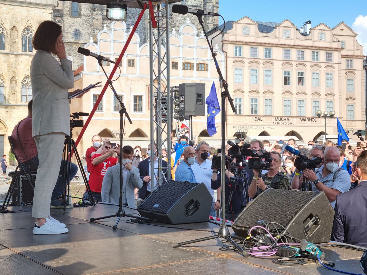 I was impressed to see so many young Czechs &amp; Belarusians together in Prague 🇨🇿, all united by solidarity. I asked all of them to remember about Belarus &amp; write letters to political prisoners. To release imprisoned people &amp; make Belarus free, we have to unite our efforts. 🤍❤️🤍