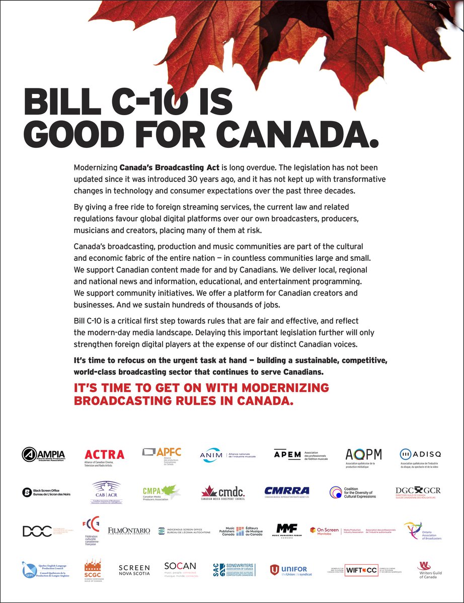 #ACTRA is proud to stand with our industry partners in calling on the federal government to pass #BillC10 now “Delaying this important legislation further will only strengthen foreign digital players at the expense of our distinct Canadian voices.”