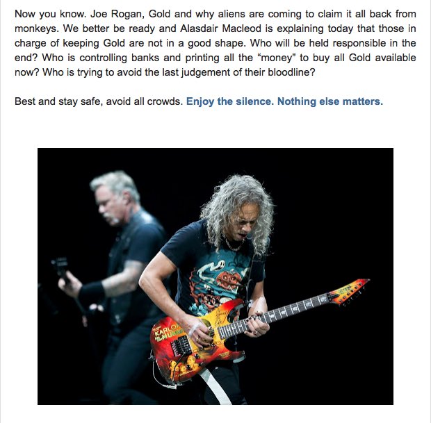 TNR_Gold's tweet photo. Editorial Opinion, KK: “Joe Rogan, #Gold And Why Aliens Are Coming To Claim It All Back From Monkeys.”
#DYOR 👀 https://t.co/VNGrLxug8G
#BeSafeBeReadyHelp✅ Others❤️ @elonmusk @CryptoWhale @joerogan https://t.co/GhAnzzZqBI