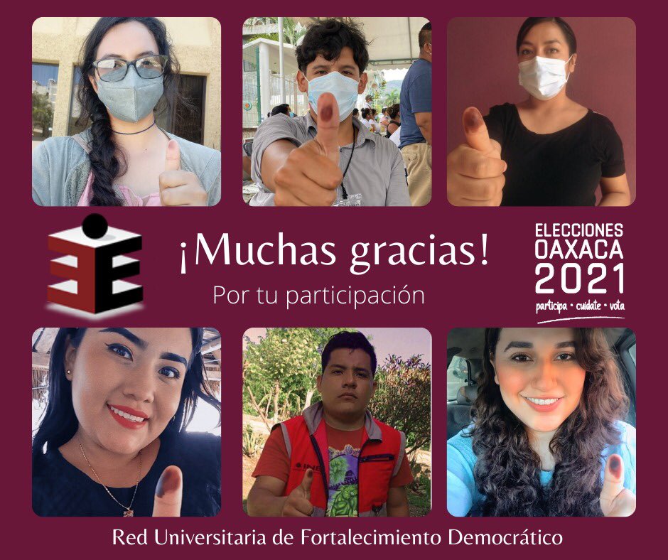 Alearnaud07's tweet photo. A toda la ciudadanía que participó ¡GRACIAS! Juntos este 06 de junio logramos más del 56% de Participación Ciudadana en #Oaxaca #Elecciones2021MX 🙋‍♀️🙋‍♂️🗳️, #IEEPCO #ServicioSocial3 #RedUniversitariaDeFortalecimientoDemocrático️ https://t.co/U1St0jIGVb