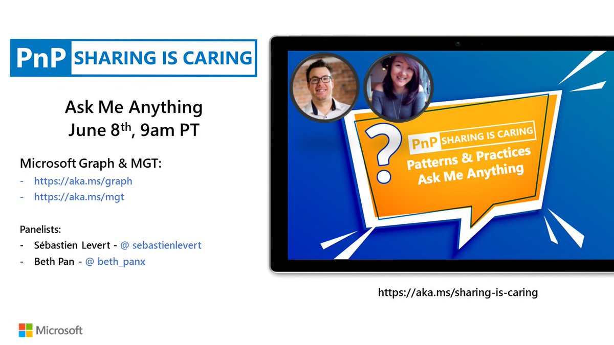 DavidWarnerII's tweet photo. Microsoft Graph and Microsoft Graph Toolkit are improving all the time. Collaborate, stay updated &amp; get answers to questions at the #M365PnP AMA.

Join tomorrow, June 8th at 9am w/guests @beth_panx &amp; @sebastienlevert! #Microsoft365Dev #MicrosoftGraph #MGT

https://t.co/OiddQk5Fq9 https://t.co/NO1ZzdV27W
